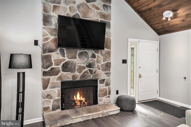 303 Green Meadow Ln, Horsham, PA 19044 - living room featuring a fireplace, lofted ceiling, wood finished floors, and wooden ceiling