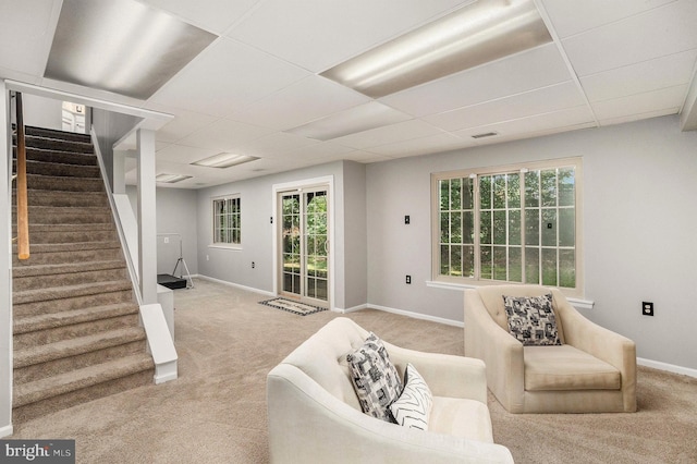 303 Green Meadow Ln, Horsham, PA 19044 - carpeted living area with stairs and a drop ceiling