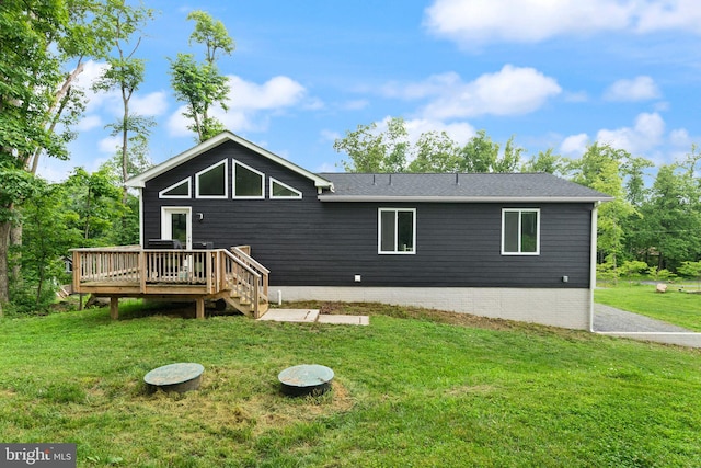 2554 High Top Rd, Linden, VA 22642 - back of property featuring a wooden deck, a lawn, and a shingled roof