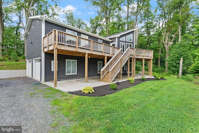 2554 High Top Rd, Linden, VA 22642 - rear view of property featuring a wooden deck, a garage, gravel driveway, and a lawn