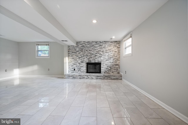 2413 Childs Ln, Alexandria, VA 22308 - unfurnished living room featuring a large fireplace, healthy amount of natural light, and recessed lighting