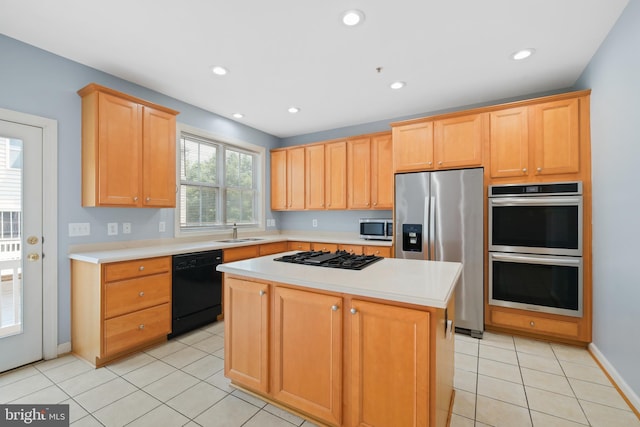 10728 Horde St, Silver Spring, MD 20902 - kitchen featuring black appliances, a sink, light countertops, light tile patterned floors, and recessed lighting