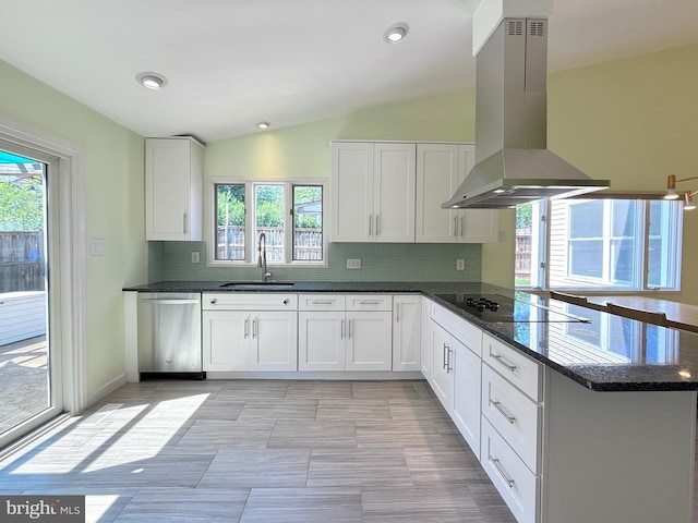 231 E Juniper Ave, Sterling, VA 20164 - kitchen featuring dishwasher, island range hood, tasteful backsplash, white cabinetry, and lofted ceiling