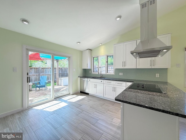 231 E Juniper Ave, Sterling, VA 20164 - kitchen featuring island range hood, stainless steel dishwasher, black electric stovetop, white cabinets, and decorative backsplash