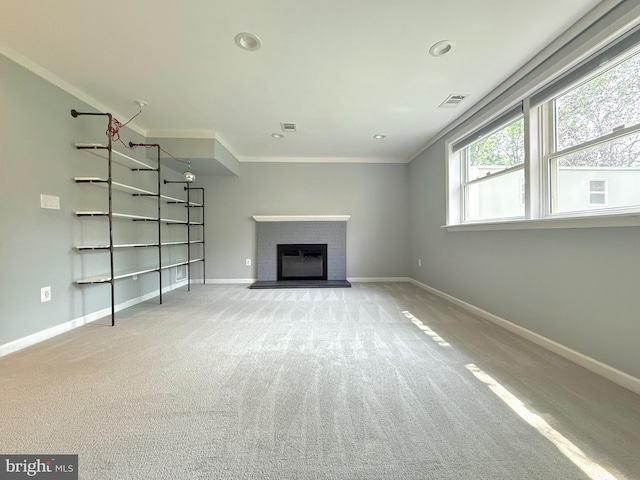 231 E Juniper Ave, Sterling, VA 20164 - unfurnished living room with ornamental molding, carpet flooring, a fireplace, and recessed lighting