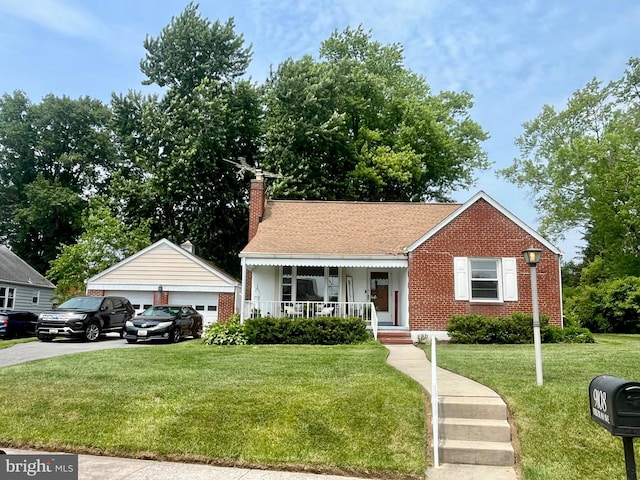 9108 Deborah Ave, Baltimore, MD 21236 - bungalow-style home featuring a porch, a garage, a chimney, a front lawn, and brick siding
