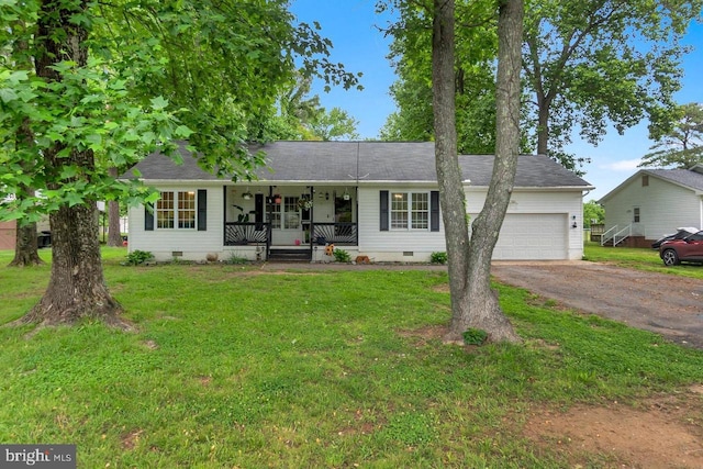 2569 N Independence Dr, Montross, VA 22520 - ranch-style home with a porch, asphalt driveway, crawl space, a garage, and a front yard