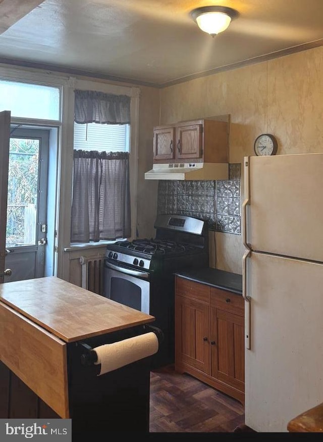 5750 N Woodstock St, Philadelphia, PA 19138 - kitchen featuring freestanding refrigerator, stainless steel gas range oven, radiator, butcher block counters, and under cabinet range hood