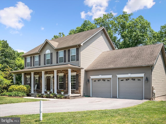 48 Patapsco Cir, Falling Waters, WV 25419 - colonial-style house with an attached garage, asphalt driveway, covered porch, a shingled roof, and a front yard