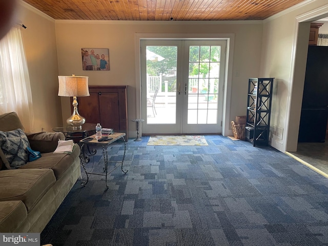 6936 Cedar Ave, Pennsauken, NJ 08109 - carpeted living room with ornamental molding, french doors, and wooden ceiling