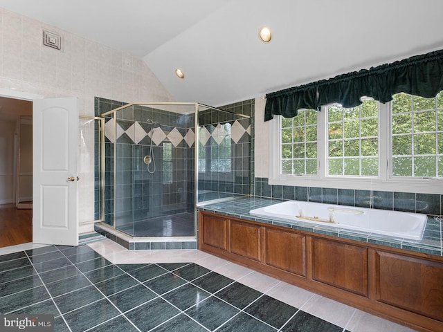 2 N Pheasants Rdg N, Wilmington, DE 19807 - bathroom with a garden tub, vaulted ceiling, tile patterned floors, a shower stall, and recessed lighting