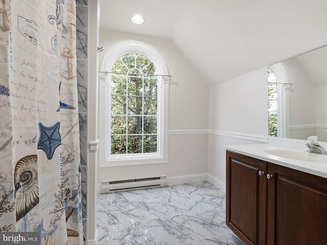 2 N Pheasants Rdg N, Wilmington, DE 19807 - bathroom with baseboard heating, lofted ceiling, vanity, marble finish floors, and a shower with shower curtain