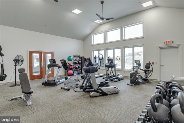 13336 Marquise Dr, Hagerstown, MD 21742 - exercise room featuring ceiling fan, carpet floors, high vaulted ceiling, and baseboards