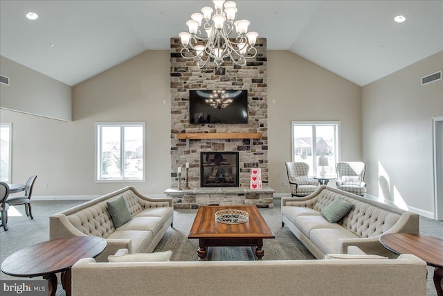 13336 Marquise Dr, Hagerstown, MD 21742 - carpeted living room featuring high vaulted ceiling, baseboards, a chandelier, and a brick fireplace