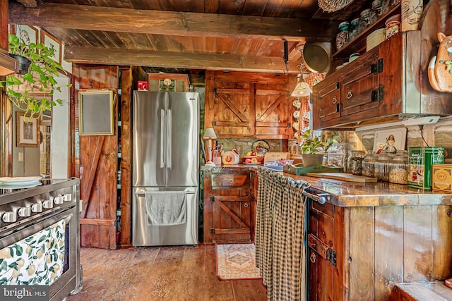 2355 Little Rd, Perkiomenville, PA 18074 - kitchen with stainless steel appliances, a wooden ceiling with exposed beams, and hardwood / wood-style floors