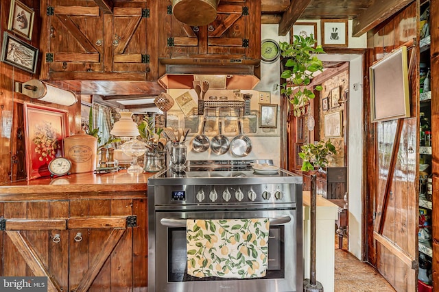 2355 Little Rd, Perkiomenville, PA 18074 - kitchen featuring electric stove, beam ceiling, and wood walls