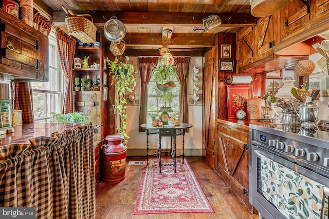2355 Little Rd, Perkiomenville, PA 18074 - bar featuring stainless steel range, a wooden ceiling with exposed beams, and hardwood / wood-style floors