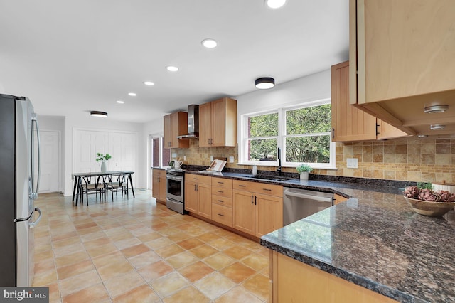 2725 Woodridge Ct, West Friendship, MD 21794 - kitchen with stainless steel appliances, wall chimney exhaust hood, backsplash, recessed lighting, and dark stone counters