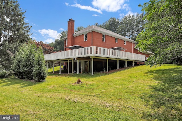 2725 Woodridge Ct, West Friendship, MD 21794 - rear view of house featuring a chimney, a wooden deck, and a lawn