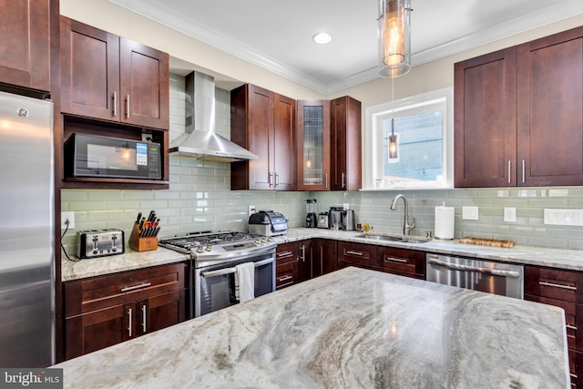 1128 S 24th St S, Philadelphia, PA 19146 - kitchen featuring appliances with stainless steel finishes, wall chimney exhaust hood, decorative backsplash, light stone countertops, and glass insert cabinets