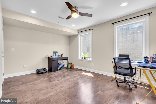1128 S 24th St S, Philadelphia, PA 19146 - office area featuring healthy amount of natural light, ceiling fan, wood finished floors, and recessed lighting