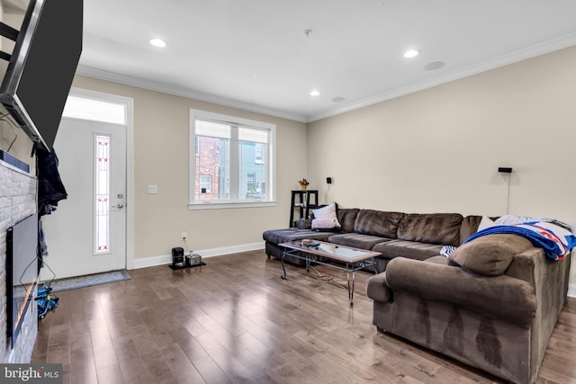 1128 S 24th St S, Philadelphia, PA 19146 - living room with wood finished floors, ornamental molding, recessed lighting, and a stone fireplace