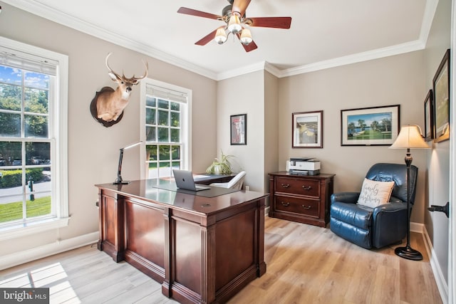 18510 Barton Creek Pl, Leesburg, VA 20176 - office featuring light wood-style floors, healthy amount of natural light, a ceiling fan, and ornamental molding