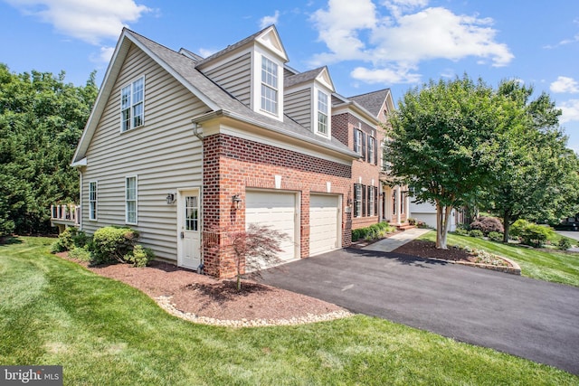 18510 Barton Creek Pl, Leesburg, VA 20176 - view of side of home featuring an attached garage, brick siding, driveway, a lawn, and a shingled roof