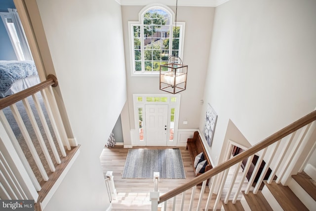 18510 Barton Creek Pl, Leesburg, VA 20176 - entrance foyer featuring wood finished floors, a chandelier, stairs, a high ceiling, and crown molding