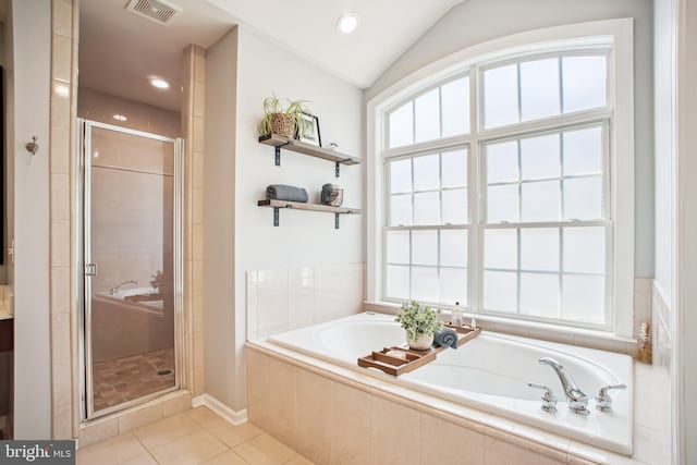 18510 Barton Creek Pl, Leesburg, VA 20176 - bathroom with a garden tub, a stall shower, tile patterned floors, recessed lighting, and vaulted ceiling