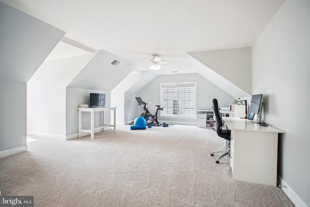 18510 Barton Creek Pl, Leesburg, VA 20176 - home office with carpet flooring, ceiling fan, and vaulted ceiling