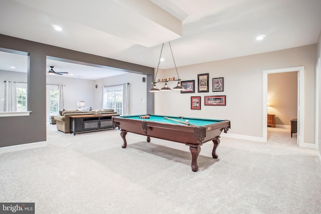18510 Barton Creek Pl, Leesburg, VA 20176 - rec room with pool table, light carpet, recessed lighting, and a ceiling fan
