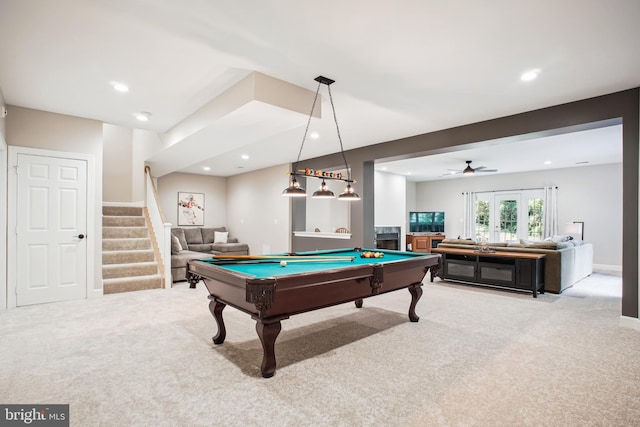 18510 Barton Creek Pl, Leesburg, VA 20176 - rec room with carpet floors, pool table, ceiling fan, and recessed lighting