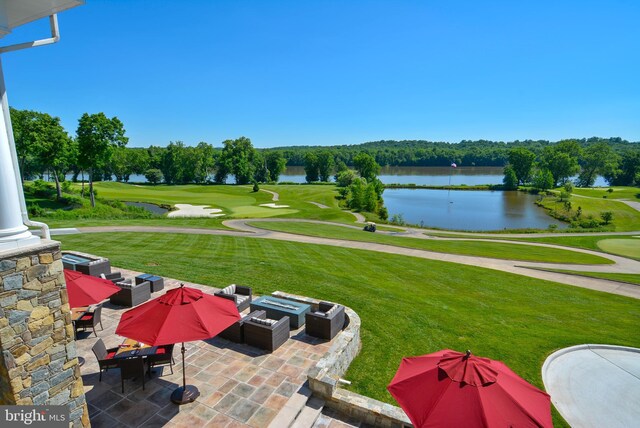 18510 Barton Creek Pl, Leesburg, VA 20176 - view of patio featuring outdoor lounge area, golf course view, and a water view
