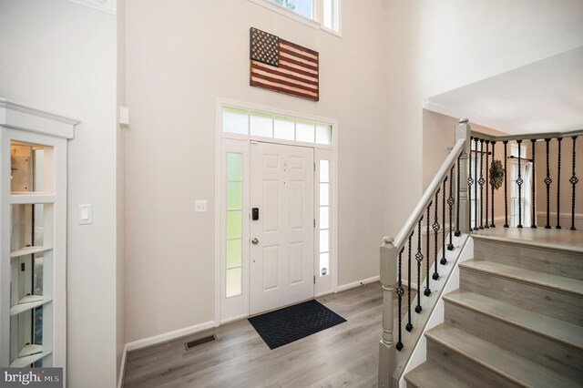 12424 Silent Wolf Dr, Manassas, VA 20112 - entryway featuring a towering ceiling, wood finished floors, healthy amount of natural light, and stairway