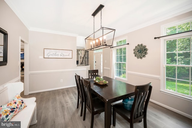 12424 Silent Wolf Dr, Manassas, VA 20112 - dining space featuring wood finished floors, a chandelier, crown molding, and healthy amount of natural light