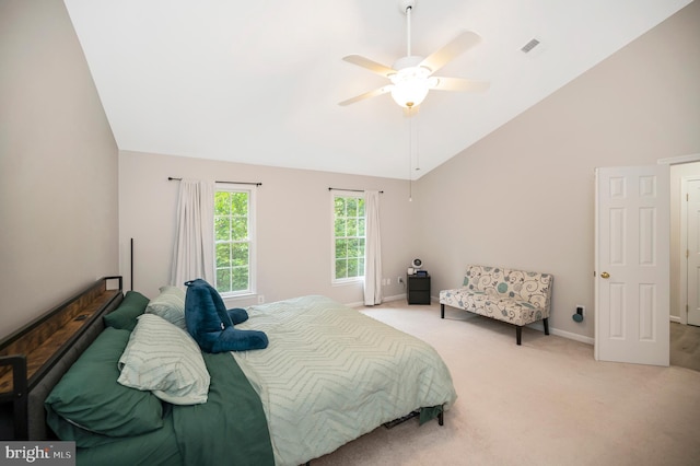 12424 Silent Wolf Dr, Manassas, VA 20112 - bedroom with light colored carpet, high vaulted ceiling, and ceiling fan