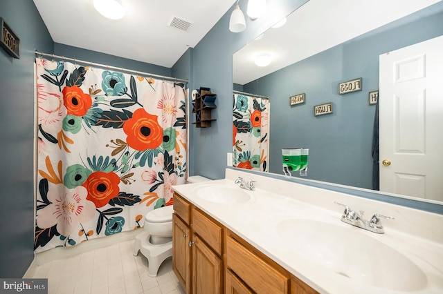 12424 Silent Wolf Dr, Manassas, VA 20112 - bathroom featuring double vanity, tile patterned flooring, and curtained shower