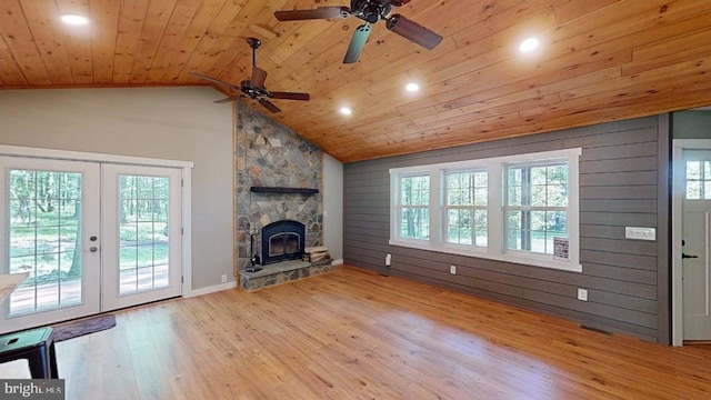 542 Hidden Acres Rd, Mount Storm, WV 26739 - unfurnished living room featuring wood ceiling, a ceiling fan, vaulted ceiling, wood finished floors, and french doors