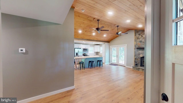 542 Hidden Acres Rd, Mount Storm, WV 26739 - living room with a ceiling fan, light wood-style floors, wooden ceiling, recessed lighting, and french doors