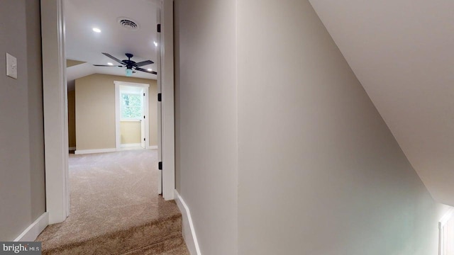 542 Hidden Acres Rd, Mount Storm, WV 26739 - staircase featuring carpet floors, lofted ceiling, and a ceiling fan
