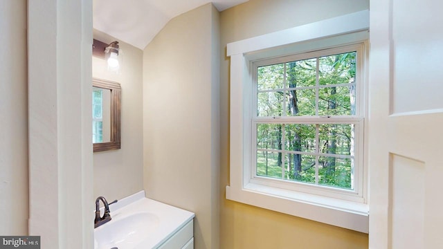 542 Hidden Acres Rd, Mount Storm, WV 26739 - bathroom with vanity and vaulted ceiling