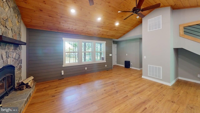 542 Hidden Acres Rd, Mount Storm, WV 26739 - unfurnished living room with wood ceiling, a ceiling fan, light wood-style floors, vaulted ceiling, and recessed lighting