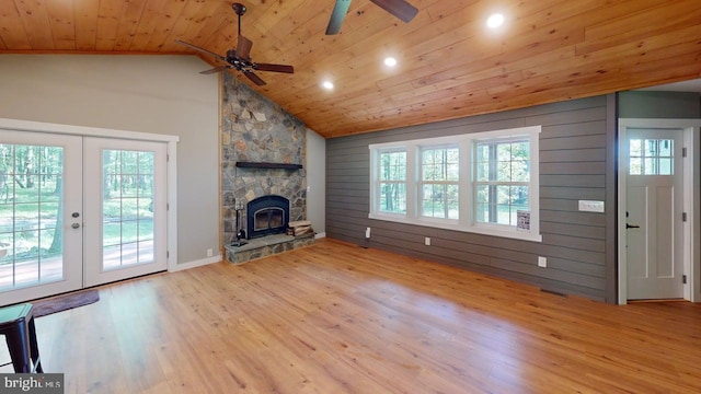 542 Hidden Acres Rd, Mount Storm, WV 26739 - unfurnished living room featuring ceiling fan, wood ceiling, wood finished floors, french doors, and vaulted ceiling