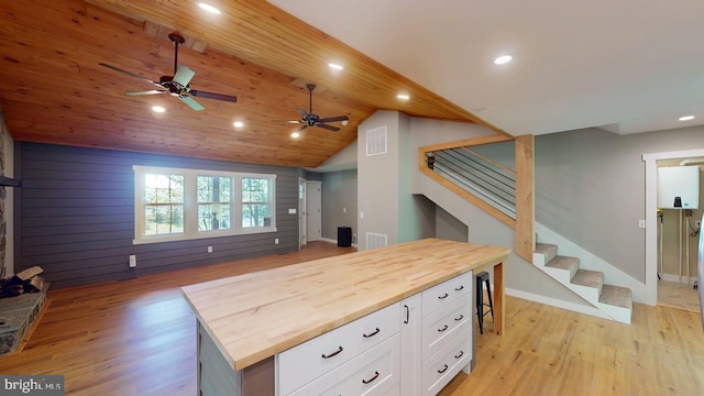 542 Hidden Acres Rd, Mount Storm, WV 26739 - kitchen featuring butcher block counters, open floor plan, white cabinets, light wood-type flooring, and recessed lighting