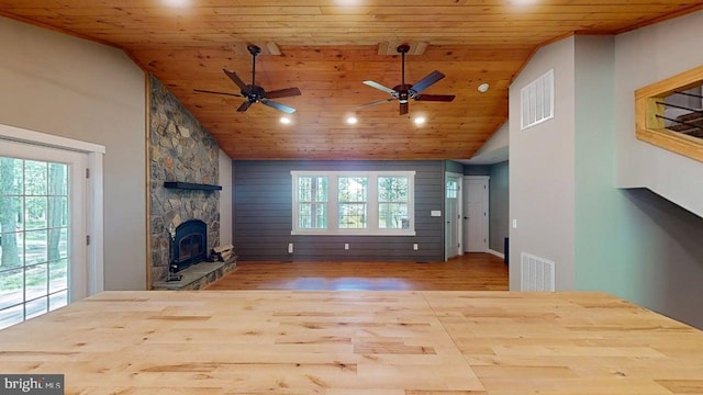 542 Hidden Acres Rd, Mount Storm, WV 26739 - unfurnished living room featuring wooden ceiling, wood finished floors, recessed lighting, a stone fireplace, and ceiling fan