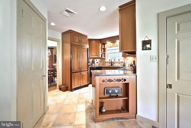 3172 N George St, Emigsville, PA 17318 - kitchen featuring open shelves, dishwasher, brown cabinetry, paneled fridge, and light tile patterned floors