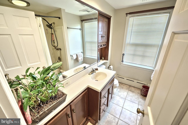 3172 N George St, Emigsville, PA 17318 - full bath featuring a baseboard radiator, toilet, vanity, a shower with curtain, and tile patterned flooring