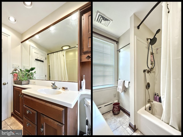 3172 N George St, Emigsville, PA 17318 - bathroom with tile patterned flooring, a baseboard radiator, vanity, and shower / tub combo