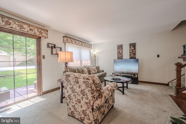 3305 Keswick Way Unit 3305D, West Chester, PA 19382 - living room with light carpet and stairway